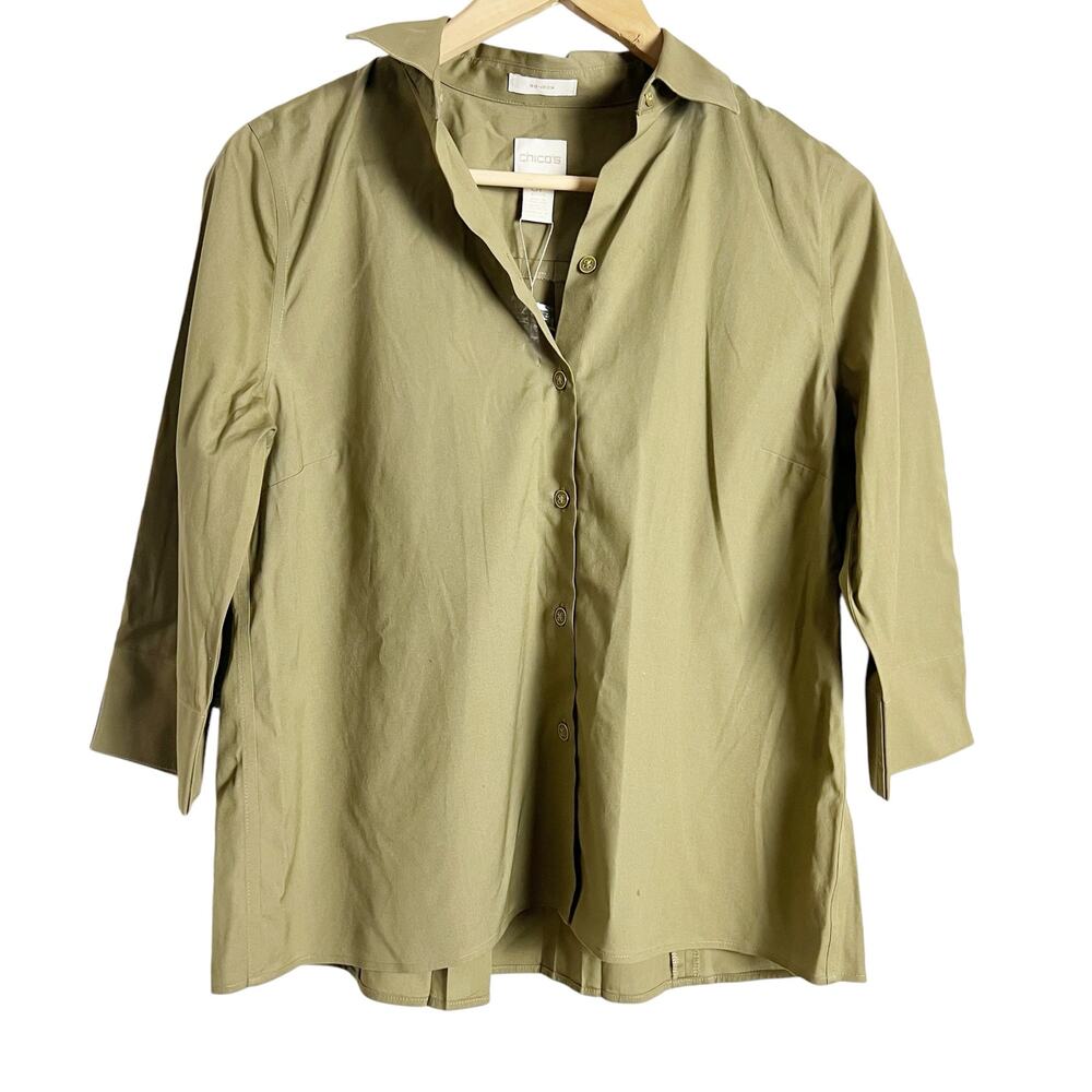 Chico’s No-Iron Petite Pleat-Back 3/4 Sleeve Green Button Front Top Size 4